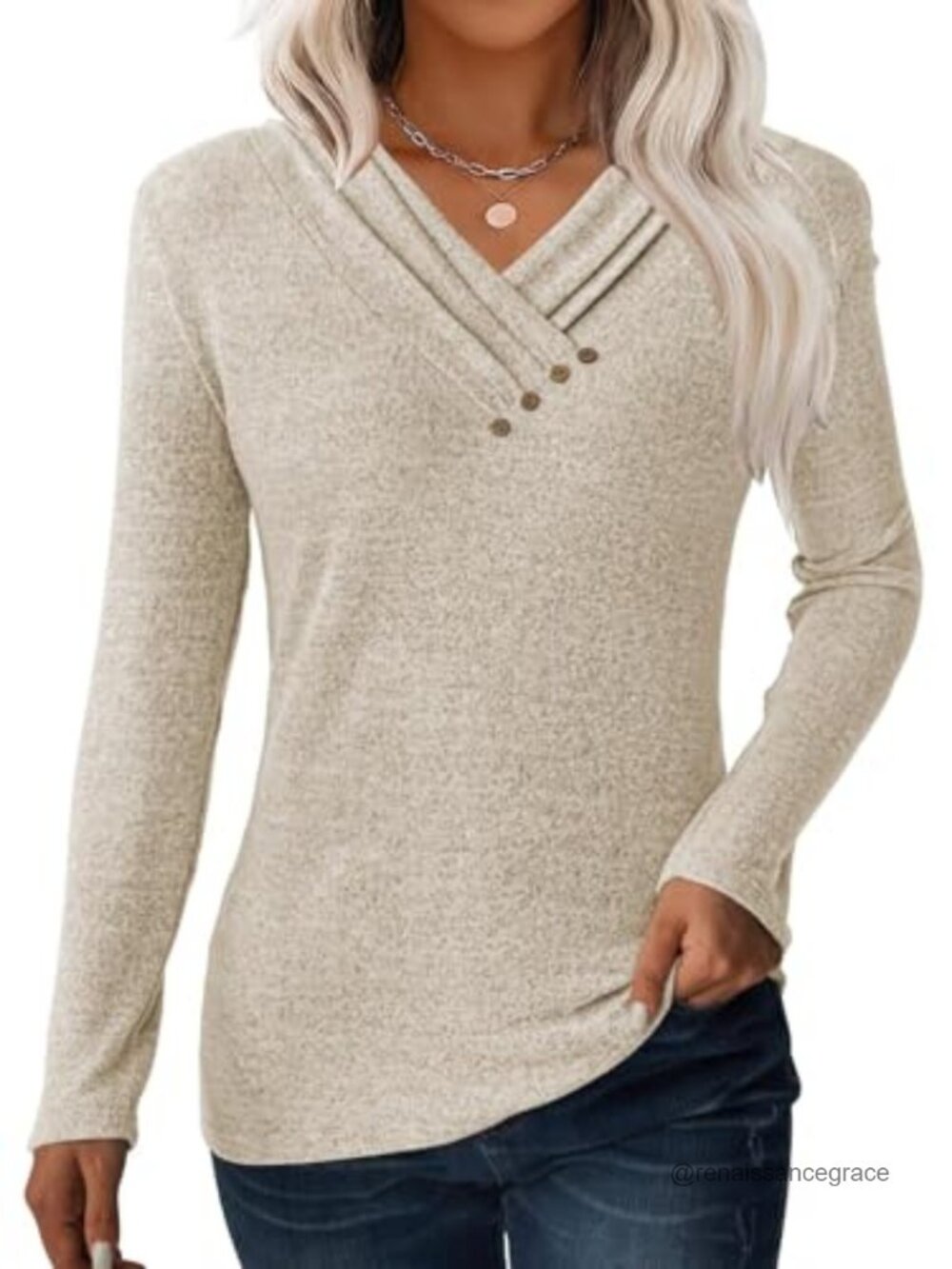 Womens Long Sleeve V Neck Tunic Top Loose Fit Decorative Button Blouse